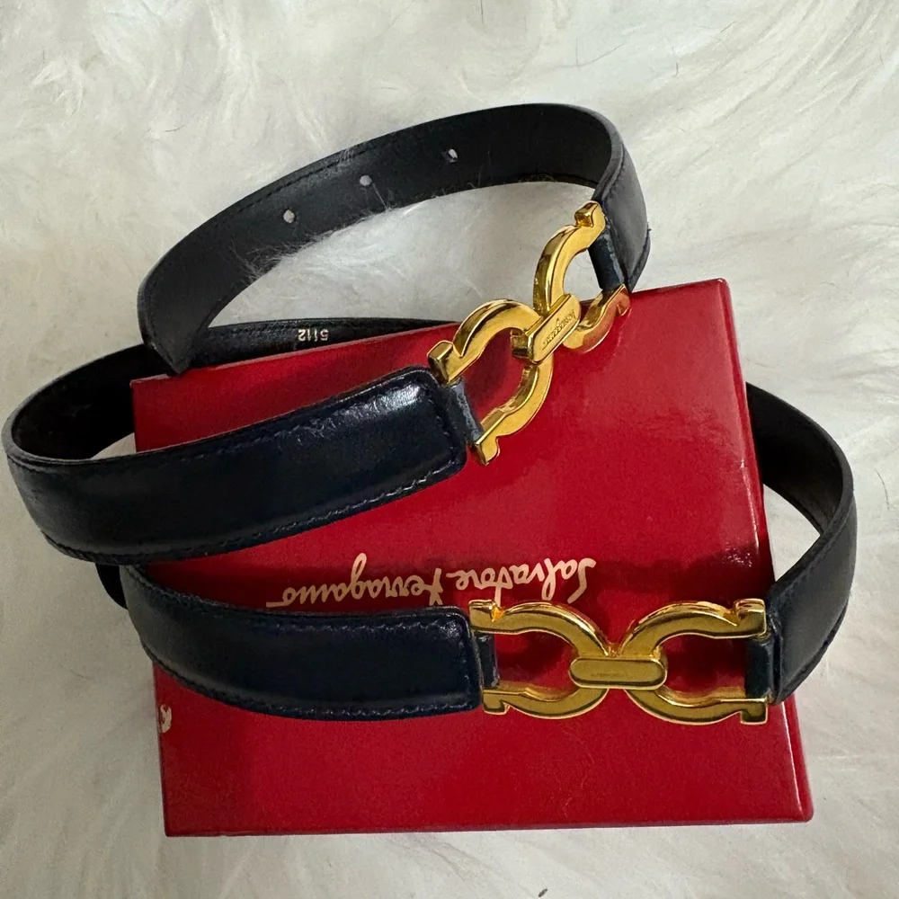 Salvatore Ferragamo black Leather Belt with Gold Buckle
